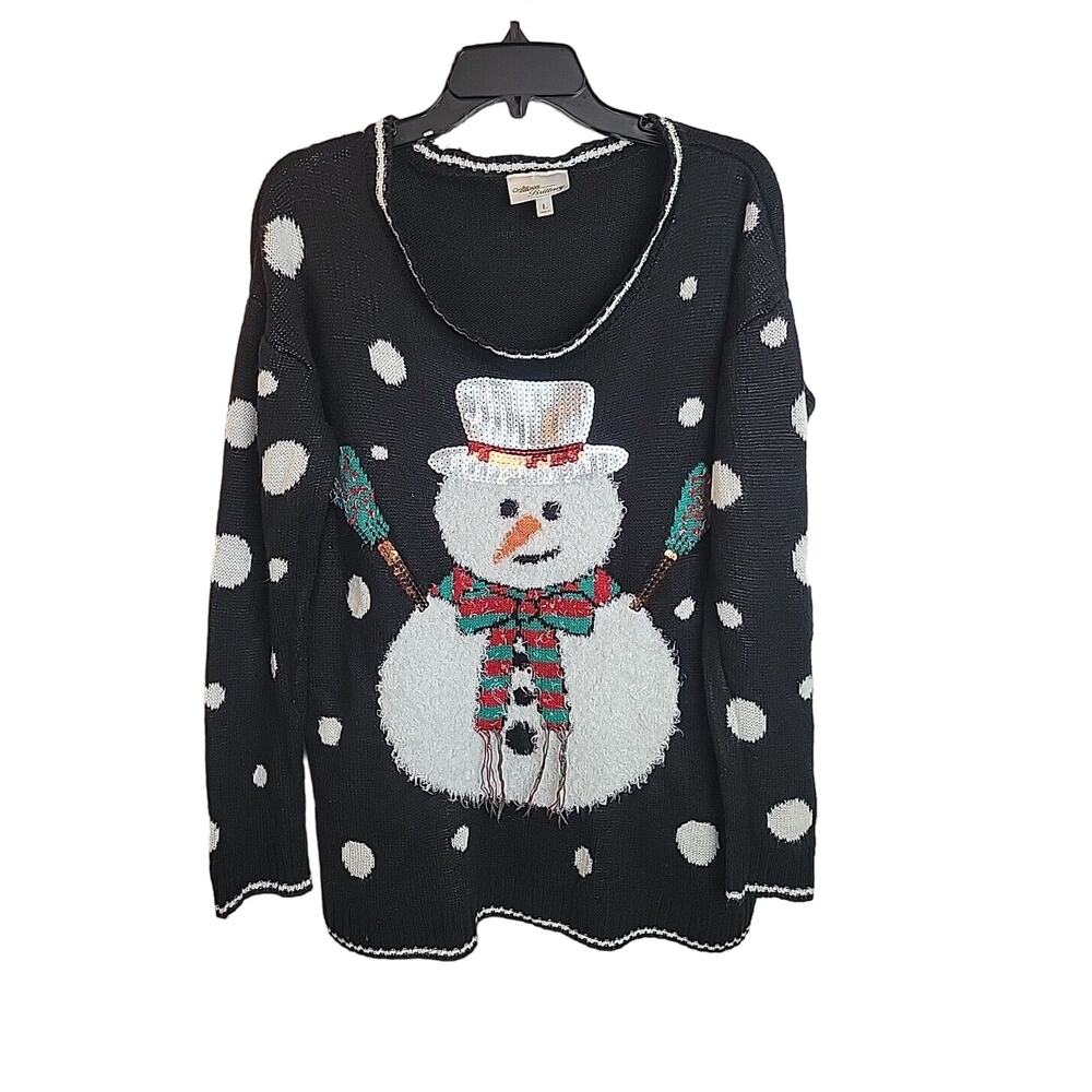 Allison Brittney Black Snowman Sequin‎ Knit Pullover Sweater Women's Size Large